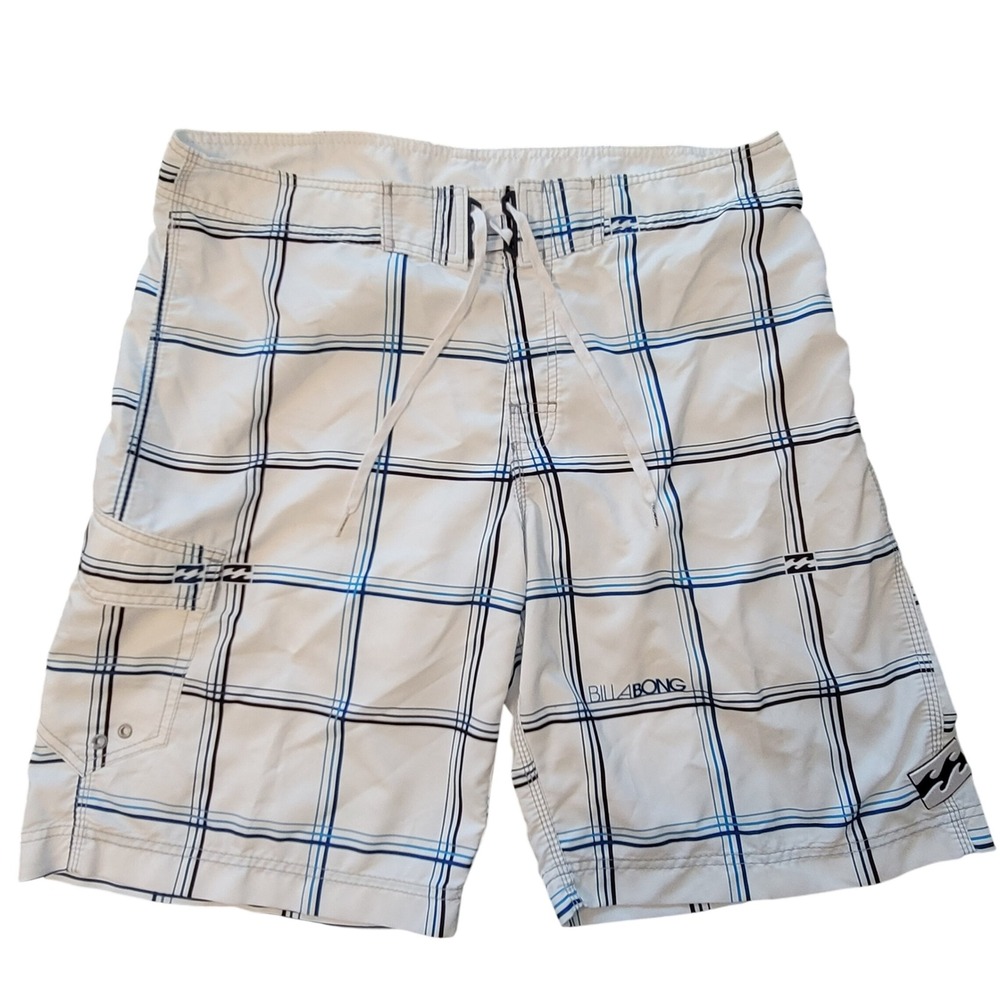 Y2K Billabong Board Shorts‎ Mens 38 White Blue Plaid Cargo Pocket M107ERUS